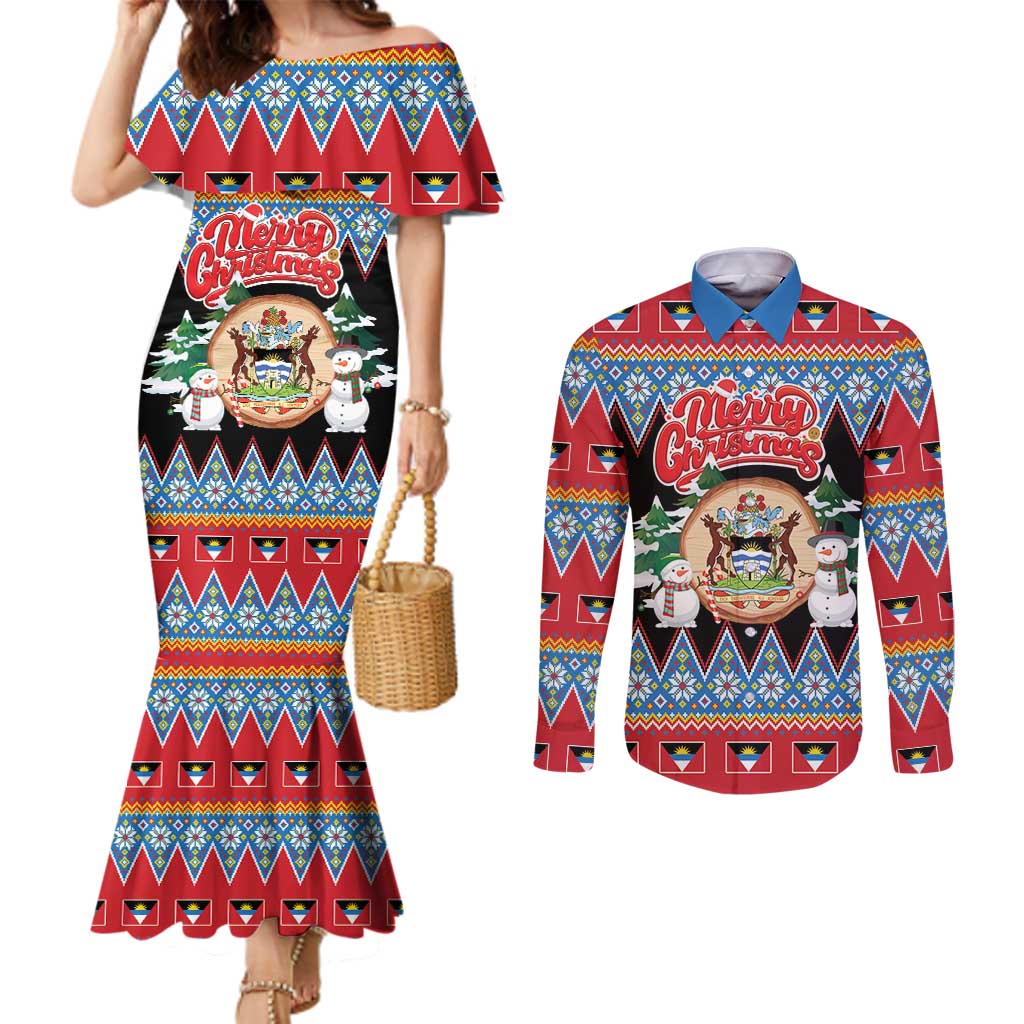 Personalized Antigua and Barbuda Christmas Couples Matching Mermaid Dress and Long Sleeve Button Shirt Coat Of Arms With Snowman - Wonder Print Shop