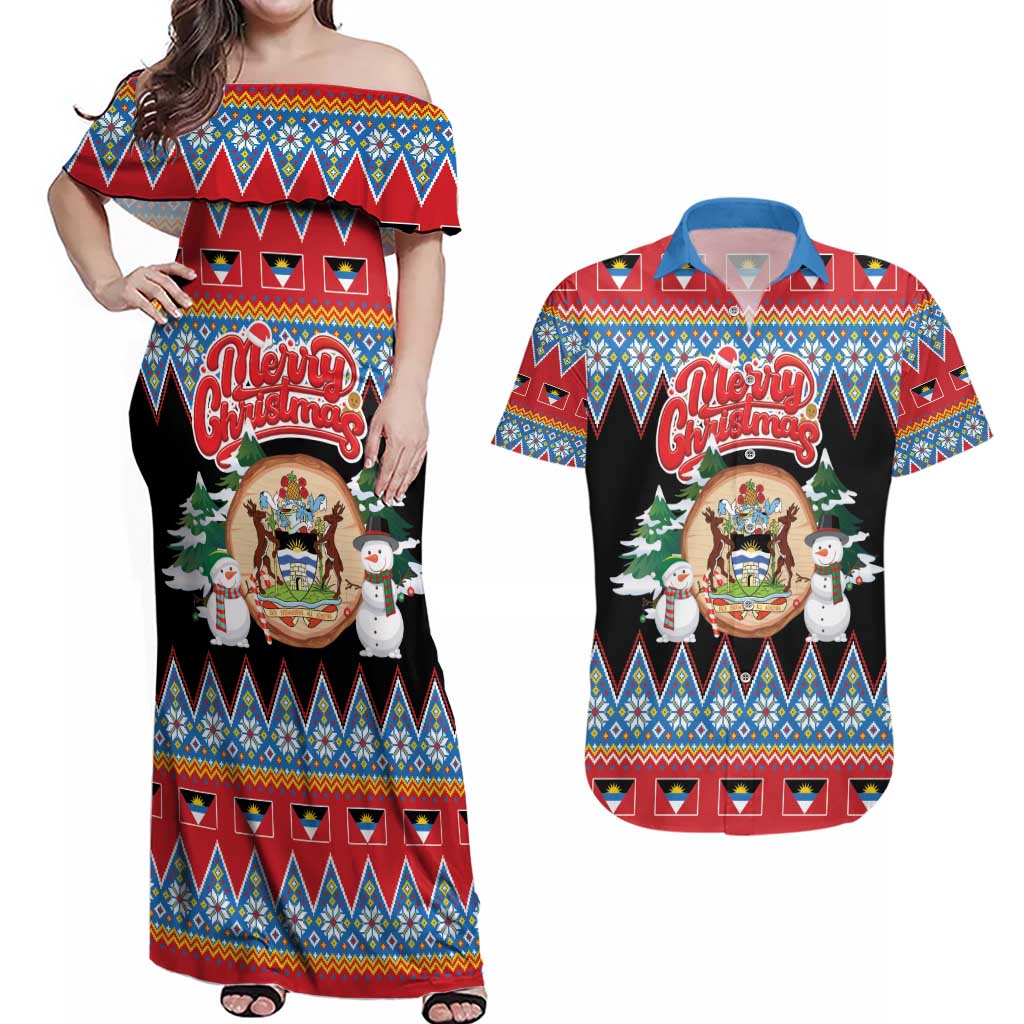 Personalized Antigua and Barbuda Christmas Couples Matching Off Shoulder Maxi Dress and Hawaiian Shirt Coat Of Arms With Snowman - Wonder Print Shop