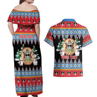 Personalized Antigua and Barbuda Christmas Couples Matching Off Shoulder Maxi Dress and Hawaiian Shirt Coat Of Arms With Snowman - Wonder Print Shop