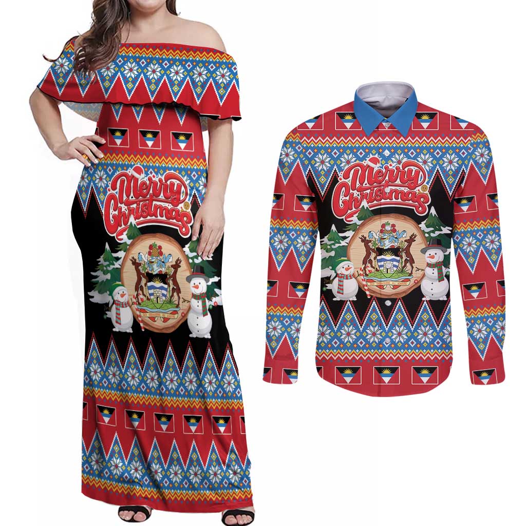 Personalized Antigua and Barbuda Christmas Couples Matching Off Shoulder Maxi Dress and Long Sleeve Button Shirt Coat Of Arms With Snowman - Wonder Print Shop