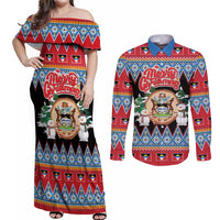 Personalized Antigua and Barbuda Christmas Couples Matching Off Shoulder Maxi Dress and Long Sleeve Button Shirt Coat Of Arms With Snowman - Wonder Print Shop