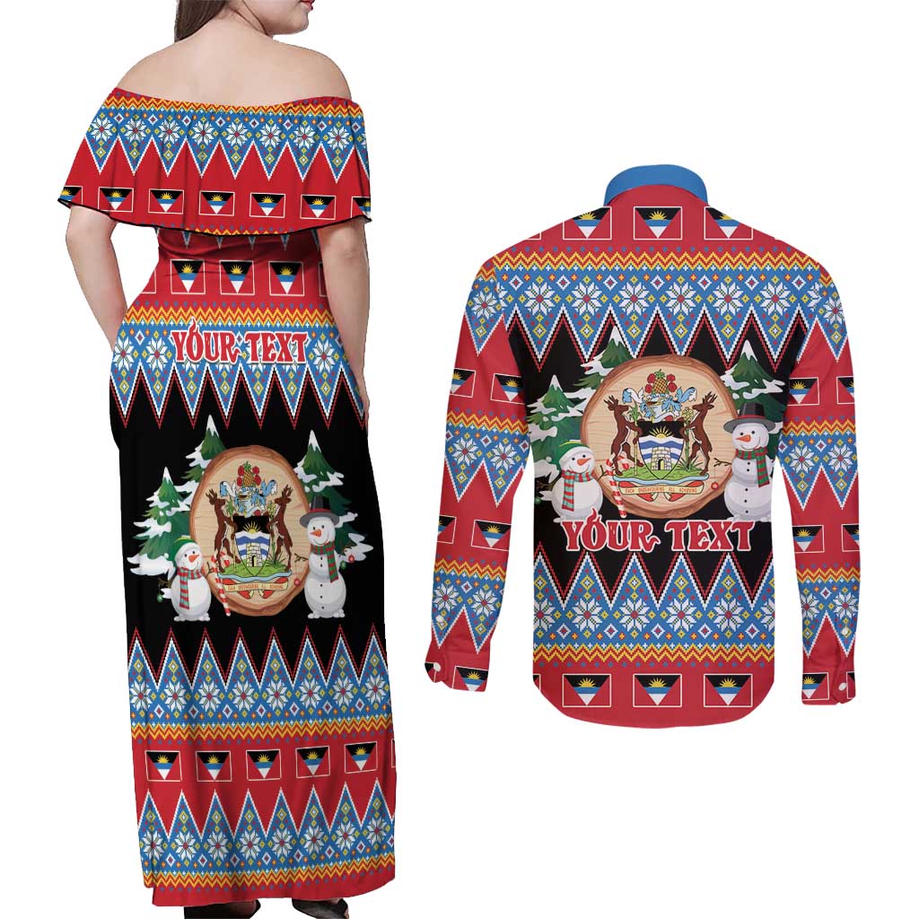 Personalized Antigua and Barbuda Christmas Couples Matching Off Shoulder Maxi Dress and Long Sleeve Button Shirt Coat Of Arms With Snowman - Wonder Print Shop