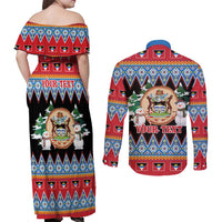 Personalized Antigua and Barbuda Christmas Couples Matching Off Shoulder Maxi Dress and Long Sleeve Button Shirt Coat Of Arms With Snowman - Wonder Print Shop