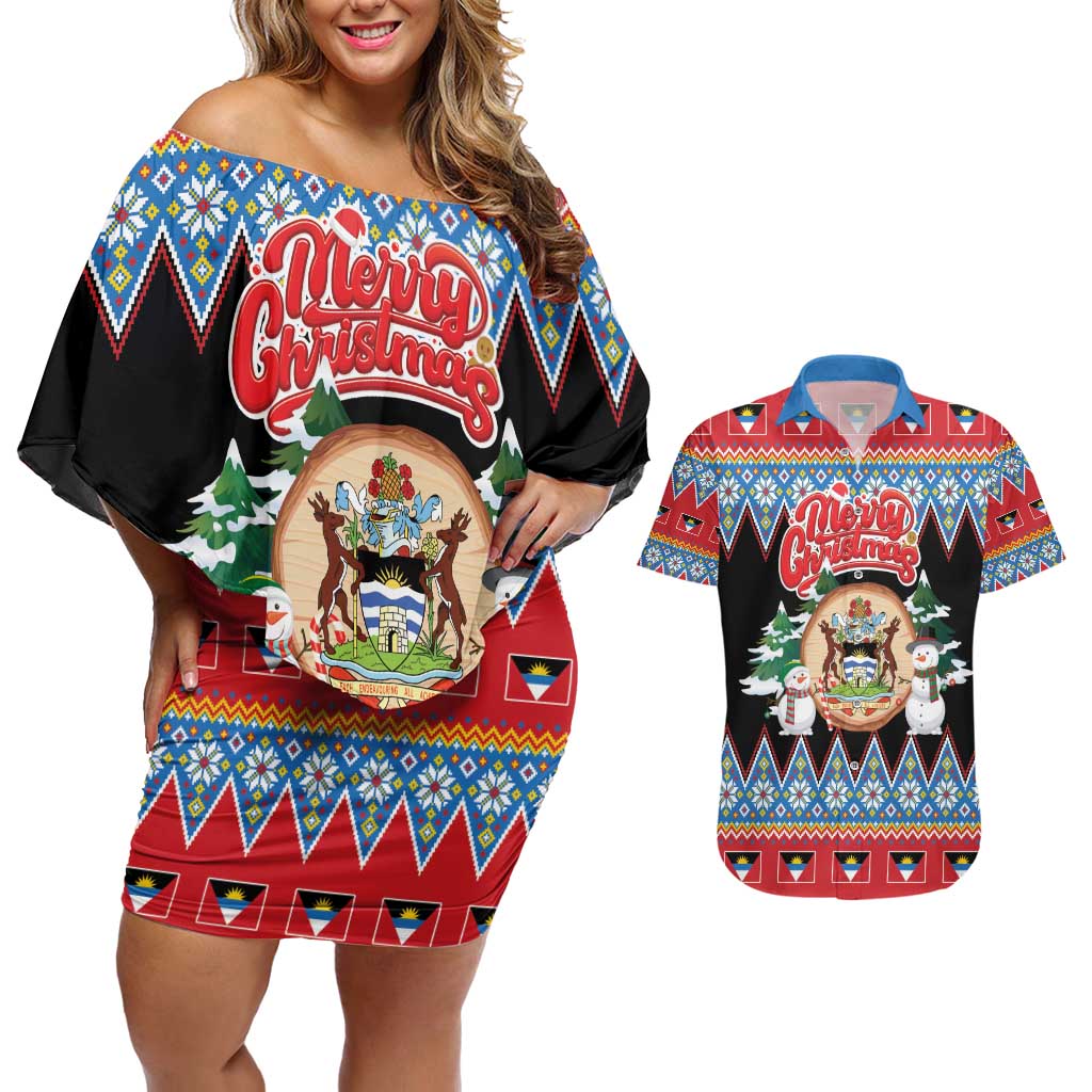 Personalized Antigua and Barbuda Christmas Couples Matching Off Shoulder Short Dress and Hawaiian Shirt Coat Of Arms With Snowman - Wonder Print Shop