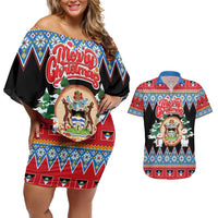 Personalized Antigua and Barbuda Christmas Couples Matching Off Shoulder Short Dress and Hawaiian Shirt Coat Of Arms With Snowman - Wonder Print Shop