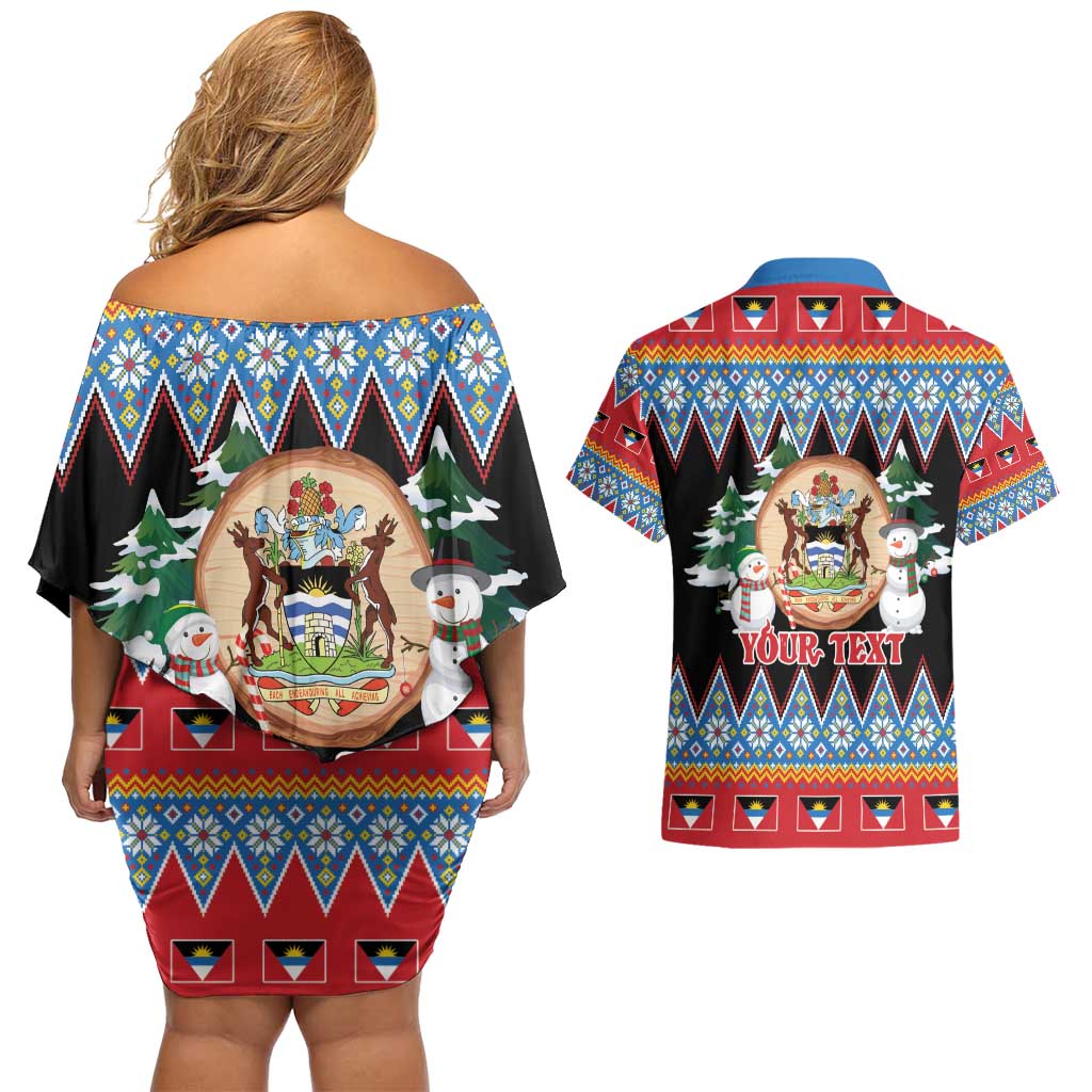 Personalized Antigua and Barbuda Christmas Couples Matching Off Shoulder Short Dress and Hawaiian Shirt Coat Of Arms With Snowman - Wonder Print Shop