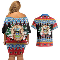Personalized Antigua and Barbuda Christmas Couples Matching Off Shoulder Short Dress and Hawaiian Shirt Coat Of Arms With Snowman - Wonder Print Shop
