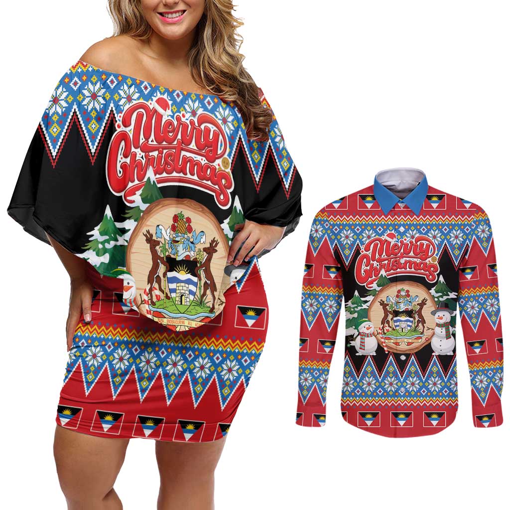 Personalized Antigua and Barbuda Christmas Couples Matching Off Shoulder Short Dress and Long Sleeve Button Shirt Coat Of Arms With Snowman - Wonder Print Shop
