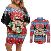 Personalized Antigua and Barbuda Christmas Couples Matching Off Shoulder Short Dress and Long Sleeve Button Shirt Coat Of Arms With Snowman - Wonder Print Shop