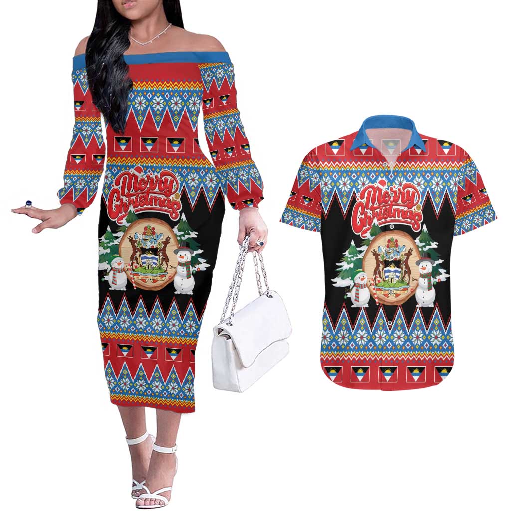 Personalized Antigua and Barbuda Christmas Couples Matching Off The Shoulder Long Sleeve Dress and Hawaiian Shirt Coat Of Arms With Snowman - Wonder Print Shop