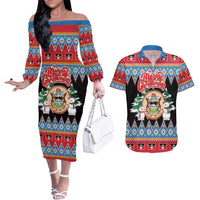 Personalized Antigua and Barbuda Christmas Couples Matching Off The Shoulder Long Sleeve Dress and Hawaiian Shirt Coat Of Arms With Snowman - Wonder Print Shop
