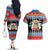 Personalized Antigua and Barbuda Christmas Couples Matching Off The Shoulder Long Sleeve Dress and Hawaiian Shirt Coat Of Arms With Snowman - Wonder Print Shop