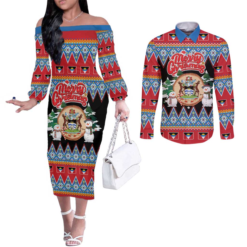 Personalized Antigua and Barbuda Christmas Couples Matching Off The Shoulder Long Sleeve Dress and Long Sleeve Button Shirt Coat Of Arms With Snowman - Wonder Print Shop