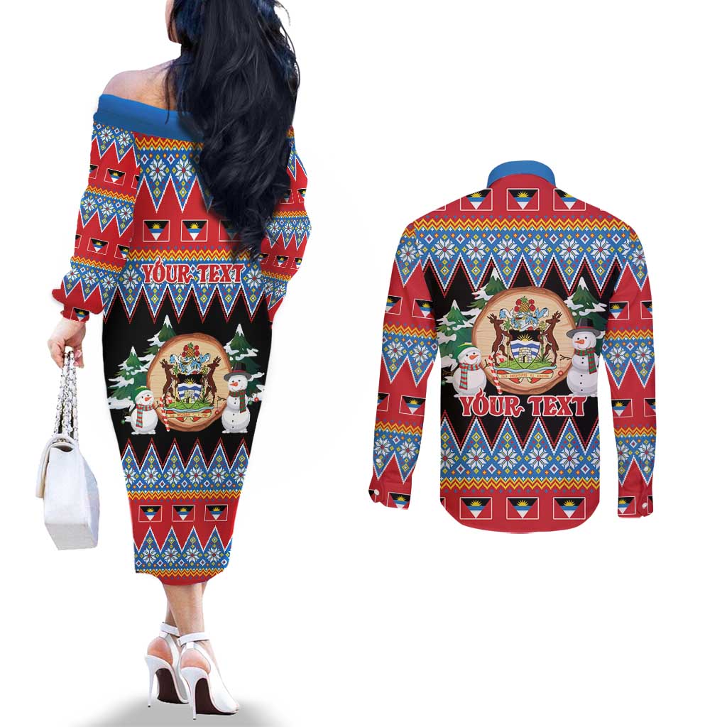Personalized Antigua and Barbuda Christmas Couples Matching Off The Shoulder Long Sleeve Dress and Long Sleeve Button Shirt Coat Of Arms With Snowman - Wonder Print Shop