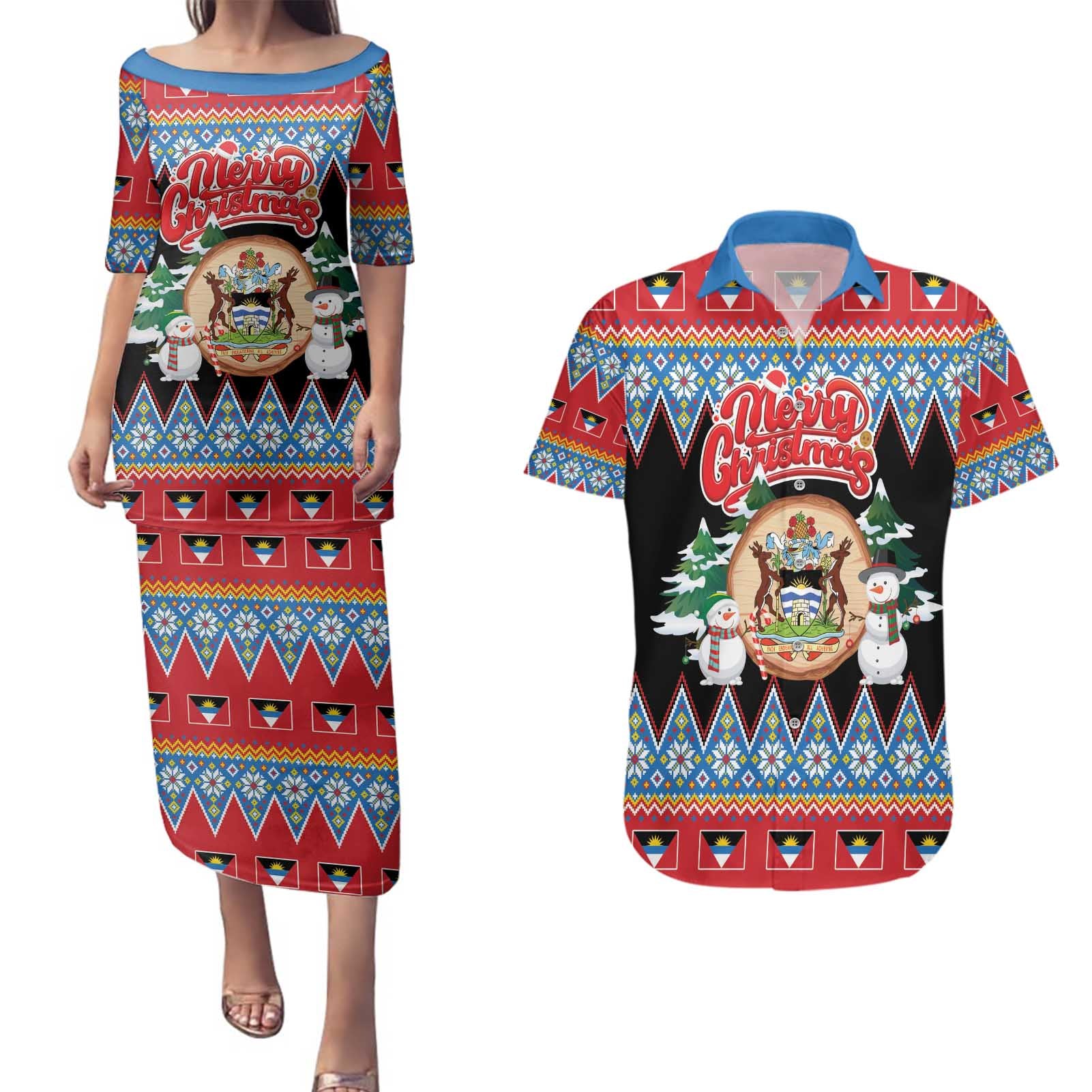 Personalized Antigua and Barbuda Christmas Couples Matching Puletasi and Hawaiian Shirt Coat Of Arms With Snowman - Wonder Print Shop