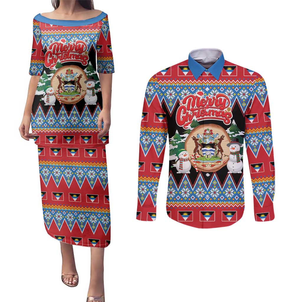 Personalized Antigua and Barbuda Christmas Couples Matching Puletasi and Long Sleeve Button Shirt Coat Of Arms With Snowman - Wonder Print Shop