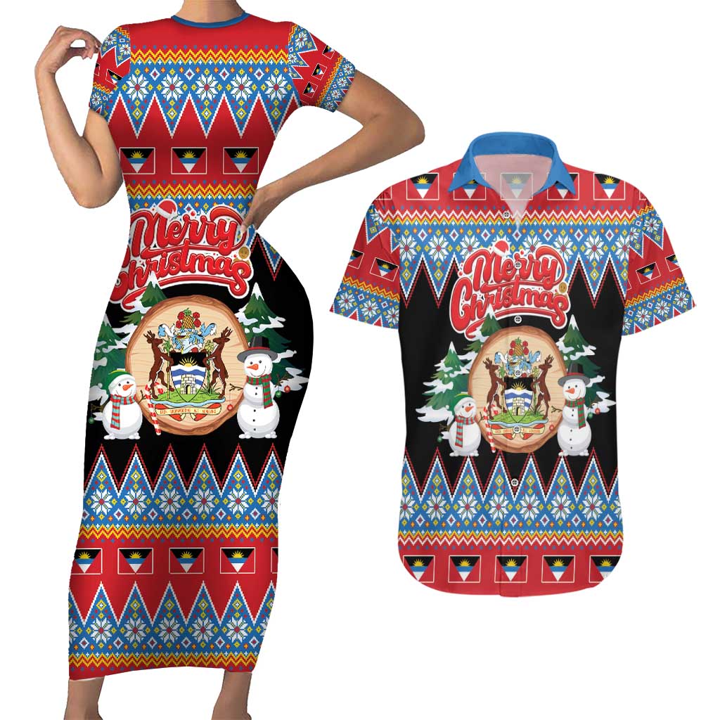 Personalized Antigua and Barbuda Christmas Couples Matching Short Sleeve Bodycon Dress and Hawaiian Shirt Coat Of Arms With Snowman - Wonder Print Shop