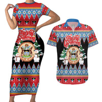 Personalized Antigua and Barbuda Christmas Couples Matching Short Sleeve Bodycon Dress and Hawaiian Shirt Coat Of Arms With Snowman - Wonder Print Shop