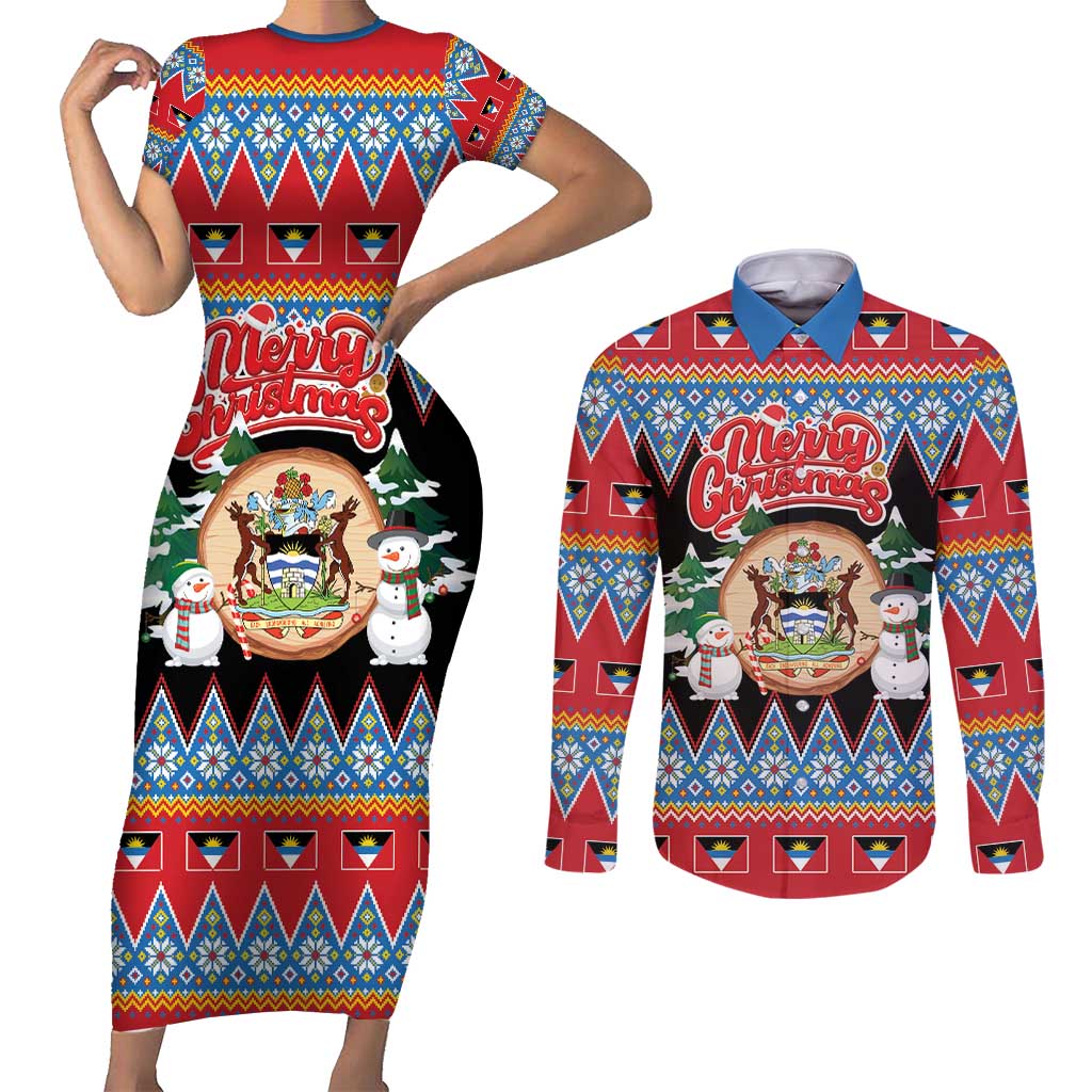 Personalized Antigua and Barbuda Christmas Couples Matching Short Sleeve Bodycon Dress and Long Sleeve Button Shirt Coat Of Arms With Snowman - Wonder Print Shop
