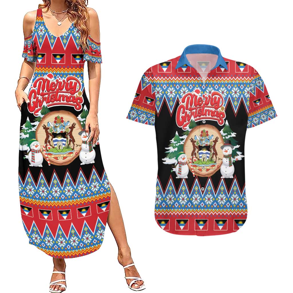 Personalized Antigua and Barbuda Christmas Couples Matching Summer Maxi Dress and Hawaiian Shirt Coat Of Arms With Snowman - Wonder Print Shop