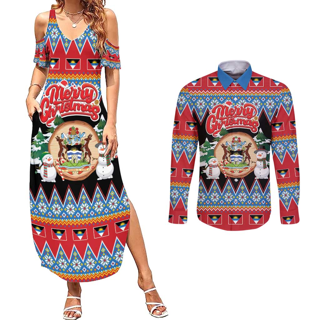 Personalized Antigua and Barbuda Christmas Couples Matching Summer Maxi Dress and Long Sleeve Button Shirt Coat Of Arms With Snowman - Wonder Print Shop