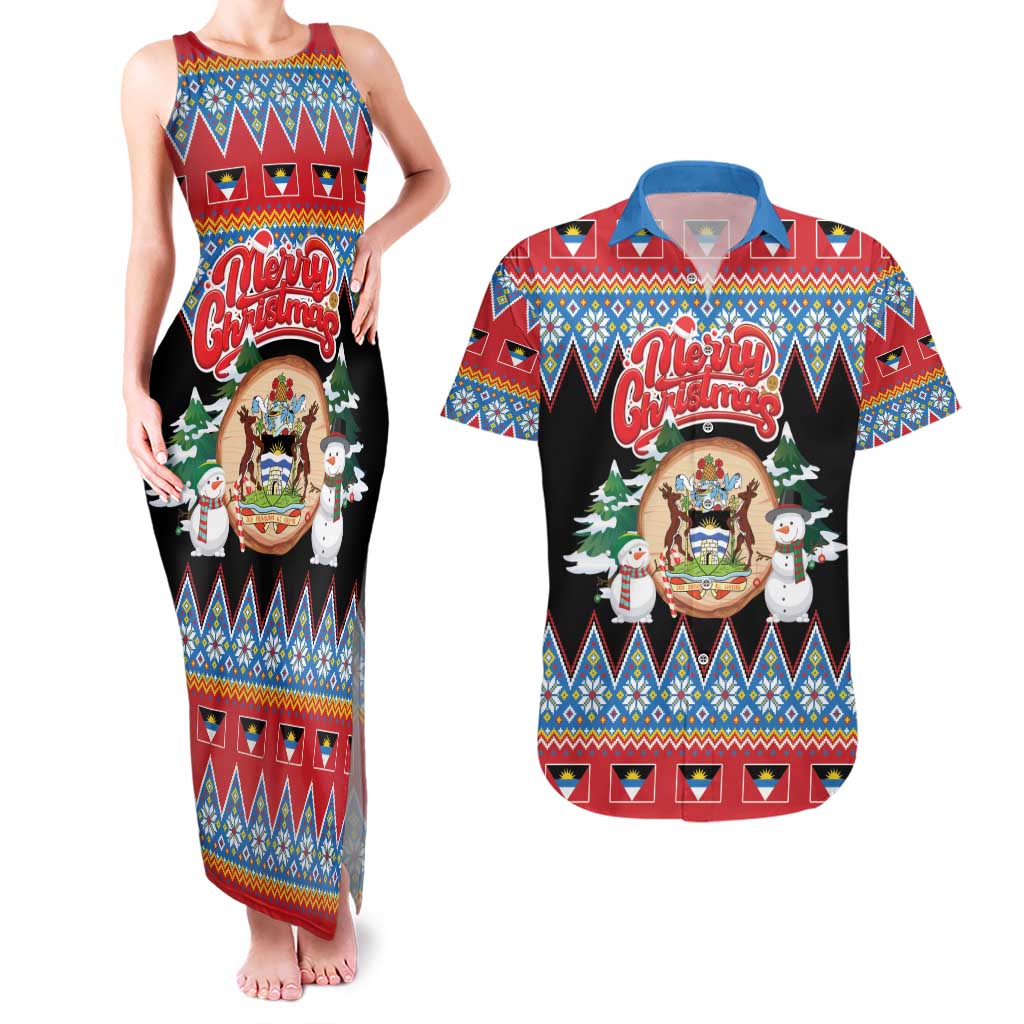 Personalized Antigua and Barbuda Christmas Couples Matching Tank Maxi Dress and Hawaiian Shirt Coat Of Arms With Snowman - Wonder Print Shop