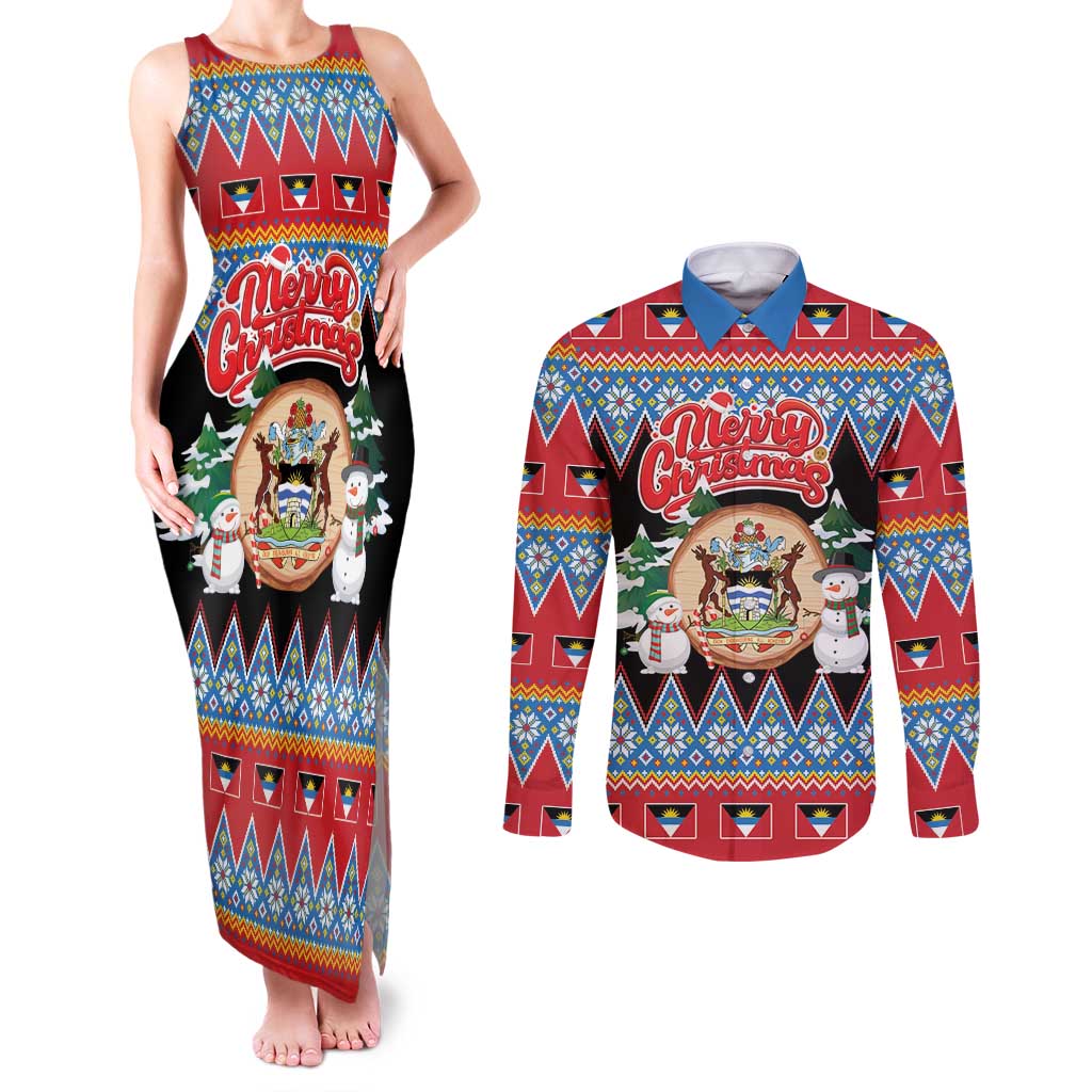 Personalized Antigua and Barbuda Christmas Couples Matching Tank Maxi Dress and Long Sleeve Button Shirt Coat Of Arms With Snowman - Wonder Print Shop