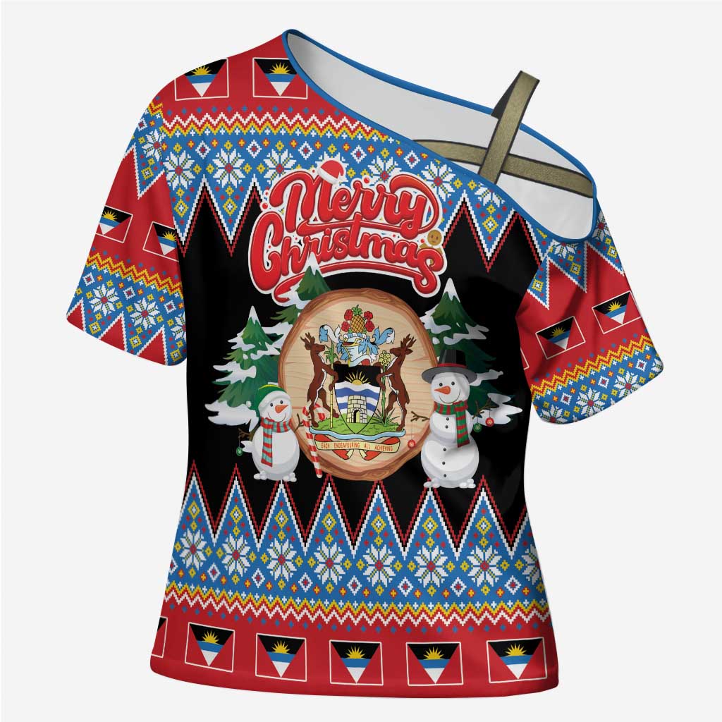 Personalized Antigua and Barbuda Christmas Cross Shoulder Shirt Coat Of Arms With Snowman - Wonder Print Shop