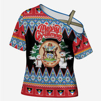 Personalized Antigua and Barbuda Christmas Cross Shoulder Shirt Coat Of Arms With Snowman - Wonder Print Shop