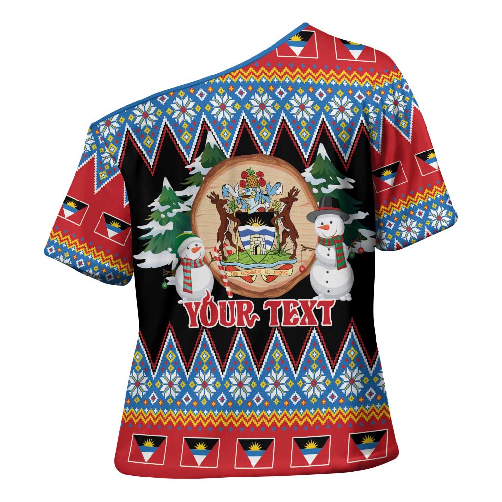 Personalized Antigua and Barbuda Christmas Cross Shoulder Shirt Coat Of Arms With Snowman - Wonder Print Shop
