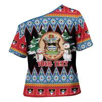 Personalized Antigua and Barbuda Christmas Cross Shoulder Shirt Coat Of Arms With Snowman - Wonder Print Shop