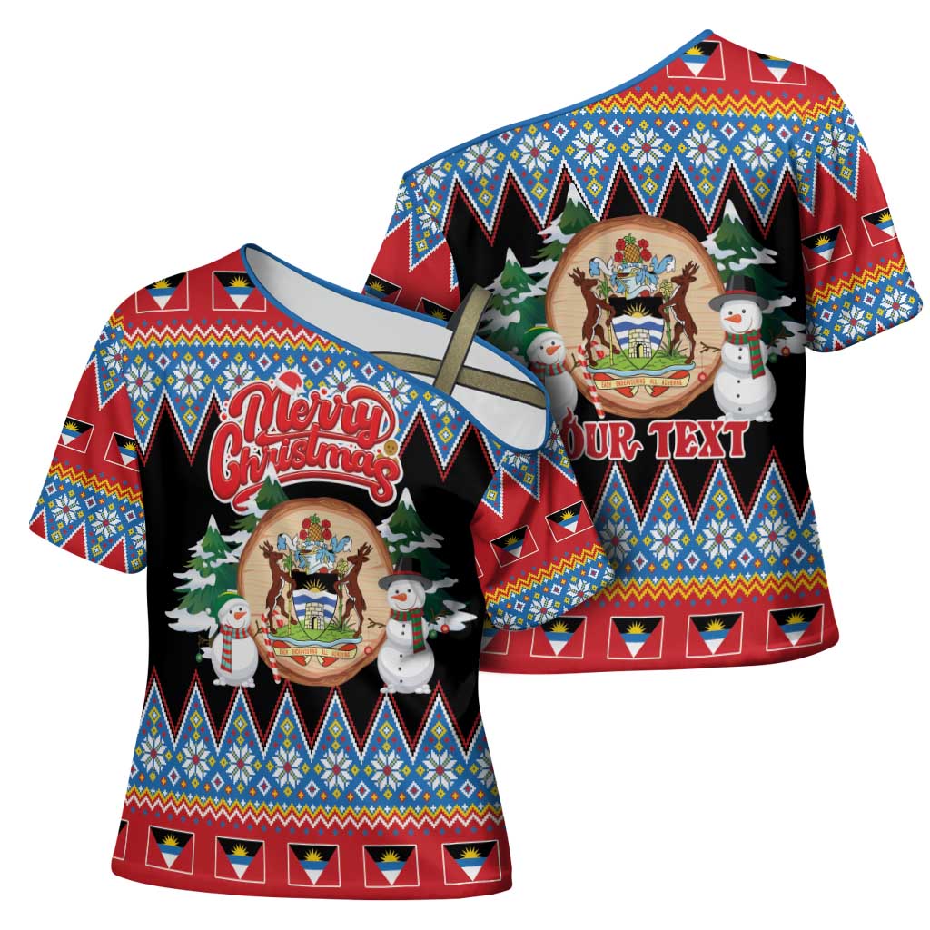 Personalized Antigua and Barbuda Christmas Cross Shoulder Shirt Coat Of Arms With Snowman - Wonder Print Shop