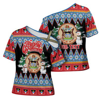 Personalized Antigua and Barbuda Christmas Cross Shoulder Shirt Coat Of Arms With Snowman - Wonder Print Shop