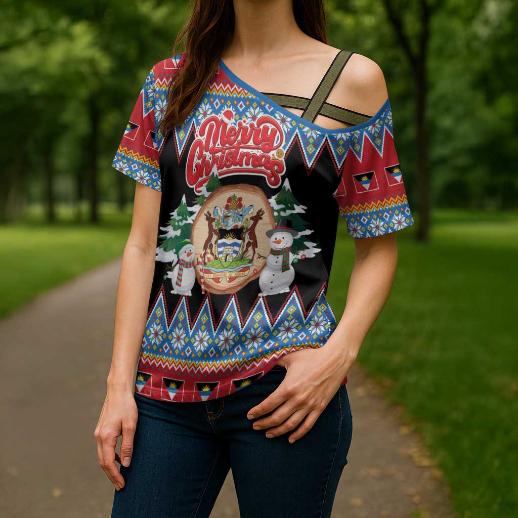 Personalized Antigua and Barbuda Christmas Cross Shoulder Shirt Coat Of Arms With Snowman - Wonder Print Shop