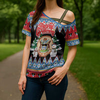 Personalized Antigua and Barbuda Christmas Cross Shoulder Shirt Coat Of Arms With Snowman - Wonder Print Shop