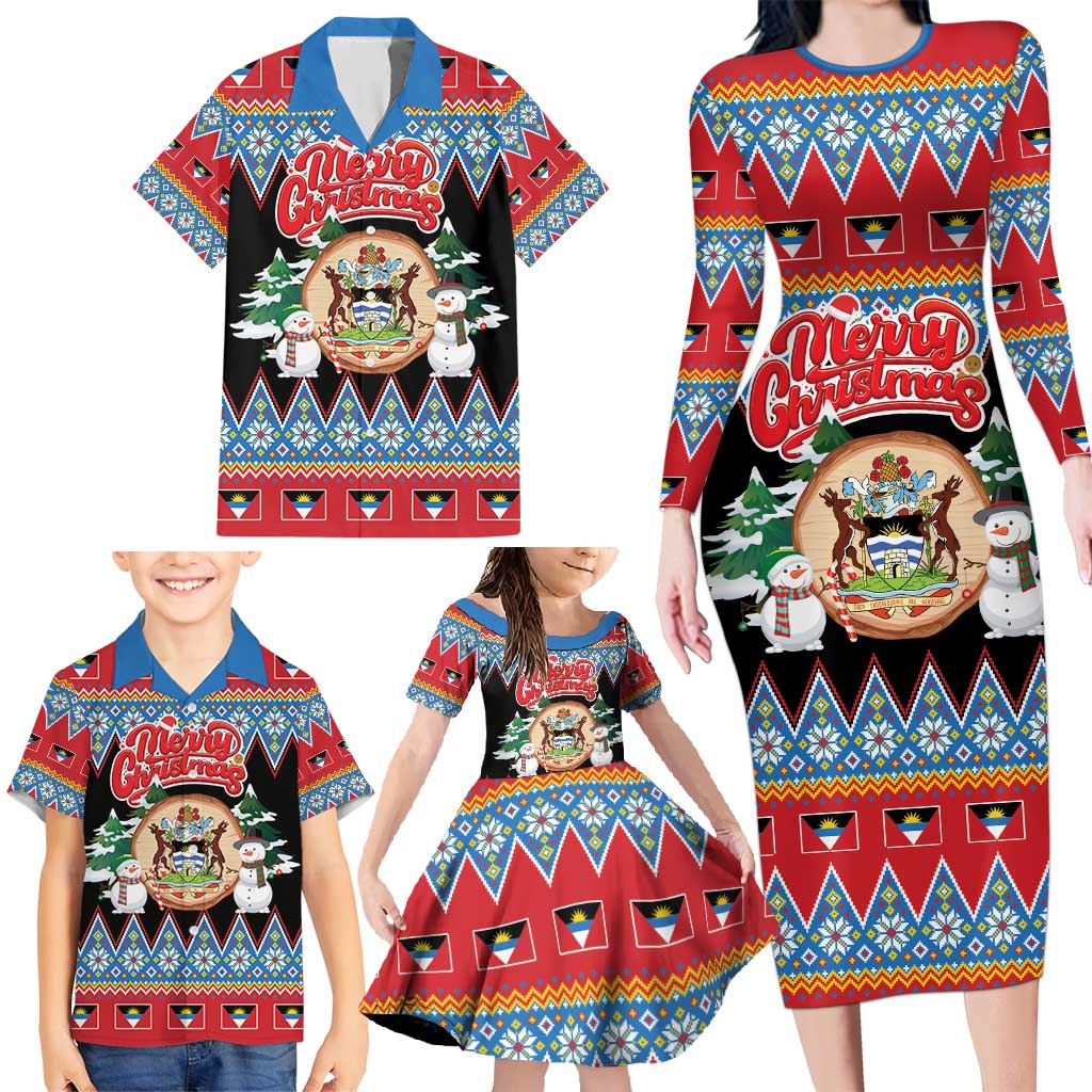 Personalized Antigua and Barbuda Christmas Family Matching Long Sleeve Bodycon Dress and Hawaiian Shirt Coat Of Arms With Snowman - Wonder Print Shop