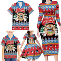Personalized Antigua and Barbuda Christmas Family Matching Long Sleeve Bodycon Dress and Hawaiian Shirt Coat Of Arms With Snowman - Wonder Print Shop