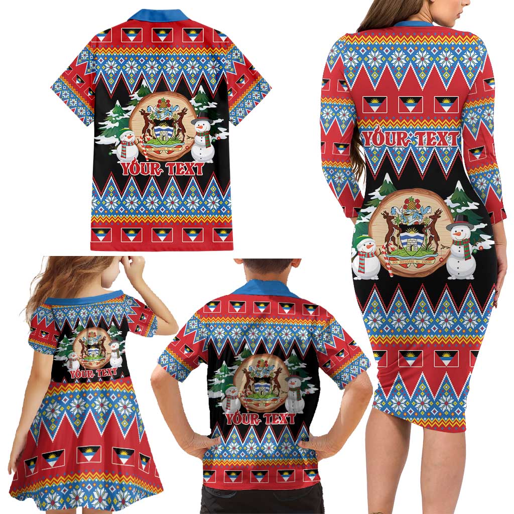 Personalized Antigua and Barbuda Christmas Family Matching Long Sleeve Bodycon Dress and Hawaiian Shirt Coat Of Arms With Snowman - Wonder Print Shop