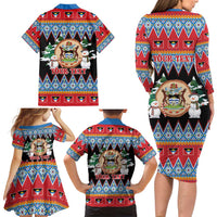 Personalized Antigua and Barbuda Christmas Family Matching Long Sleeve Bodycon Dress and Hawaiian Shirt Coat Of Arms With Snowman - Wonder Print Shop