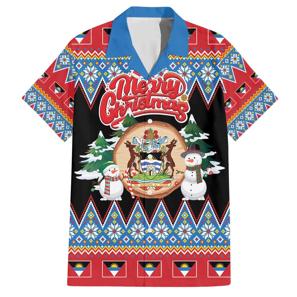 Personalized Antigua and Barbuda Christmas Family Matching Long Sleeve Bodycon Dress and Hawaiian Shirt Coat Of Arms With Snowman - Wonder Print Shop