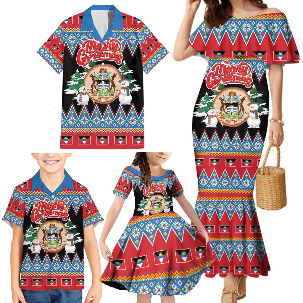 Personalized Antigua and Barbuda Christmas Family Matching Mermaid Dress and Hawaiian Shirt Coat Of Arms With Snowman - Wonder Print Shop