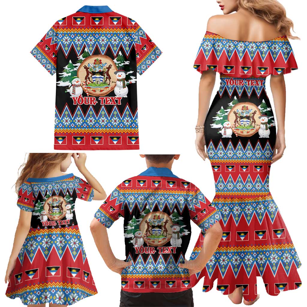 Personalized Antigua and Barbuda Christmas Family Matching Mermaid Dress and Hawaiian Shirt Coat Of Arms With Snowman - Wonder Print Shop