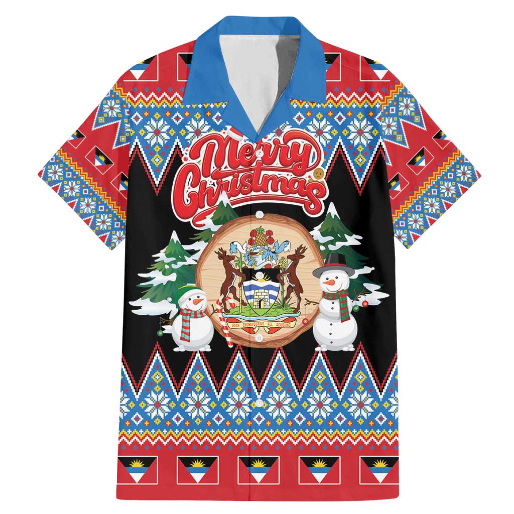 Personalized Antigua and Barbuda Christmas Family Matching Mermaid Dress and Hawaiian Shirt Coat Of Arms With Snowman - Wonder Print Shop