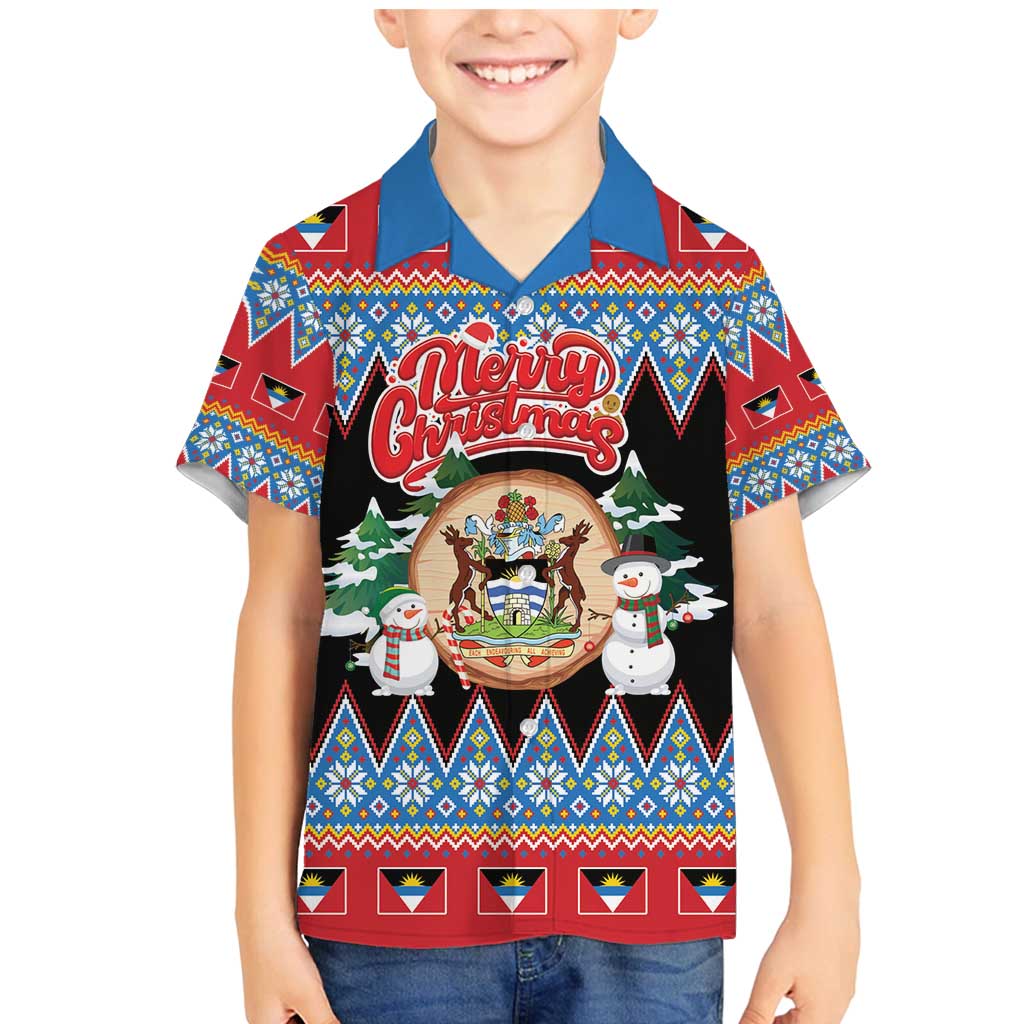 Personalized Antigua and Barbuda Christmas Family Matching Mermaid Dress and Hawaiian Shirt Coat Of Arms With Snowman - Wonder Print Shop