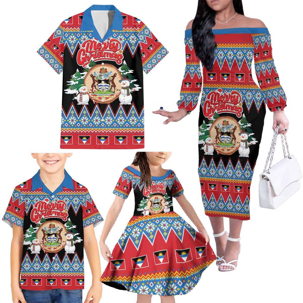 Personalized Antigua and Barbuda Christmas Family Matching Off The Shoulder Long Sleeve Dress and Hawaiian Shirt Coat Of Arms With Snowman - Wonder Print Shop