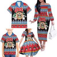 Personalized Antigua and Barbuda Christmas Family Matching Off The Shoulder Long Sleeve Dress and Hawaiian Shirt Coat Of Arms With Snowman - Wonder Print Shop