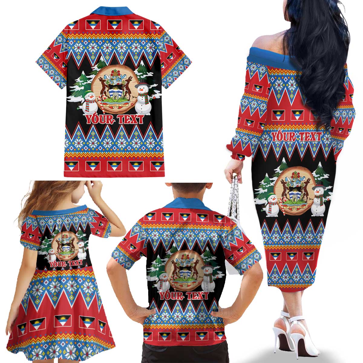 Personalized Antigua and Barbuda Christmas Family Matching Off The Shoulder Long Sleeve Dress and Hawaiian Shirt Coat Of Arms With Snowman - Wonder Print Shop