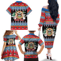 Personalized Antigua and Barbuda Christmas Family Matching Off The Shoulder Long Sleeve Dress and Hawaiian Shirt Coat Of Arms With Snowman - Wonder Print Shop