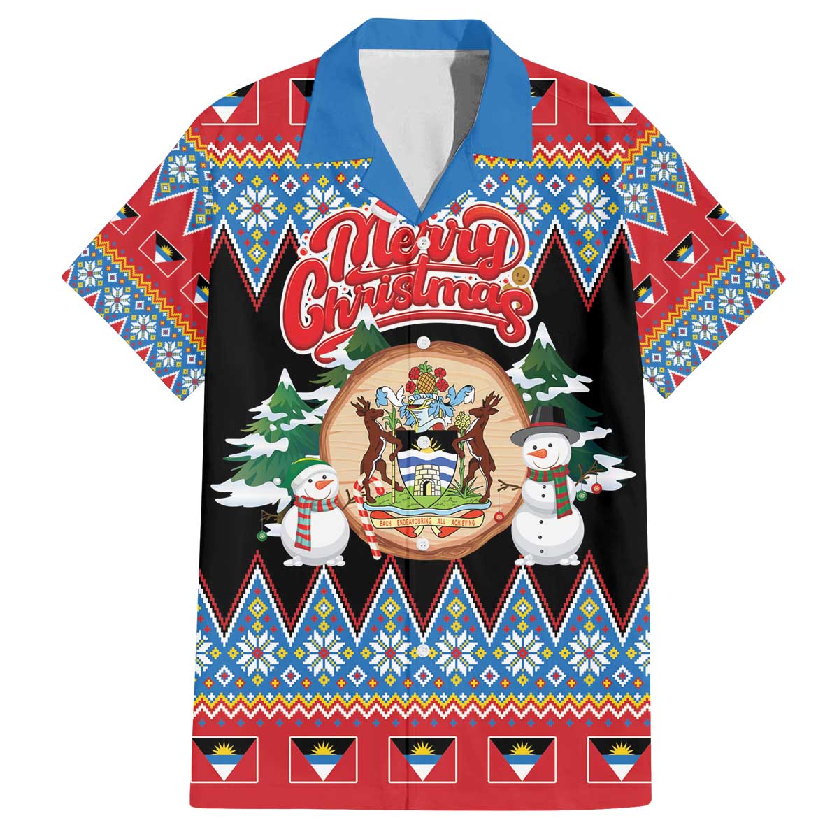 Personalized Antigua and Barbuda Christmas Family Matching Off The Shoulder Long Sleeve Dress and Hawaiian Shirt Coat Of Arms With Snowman - Wonder Print Shop