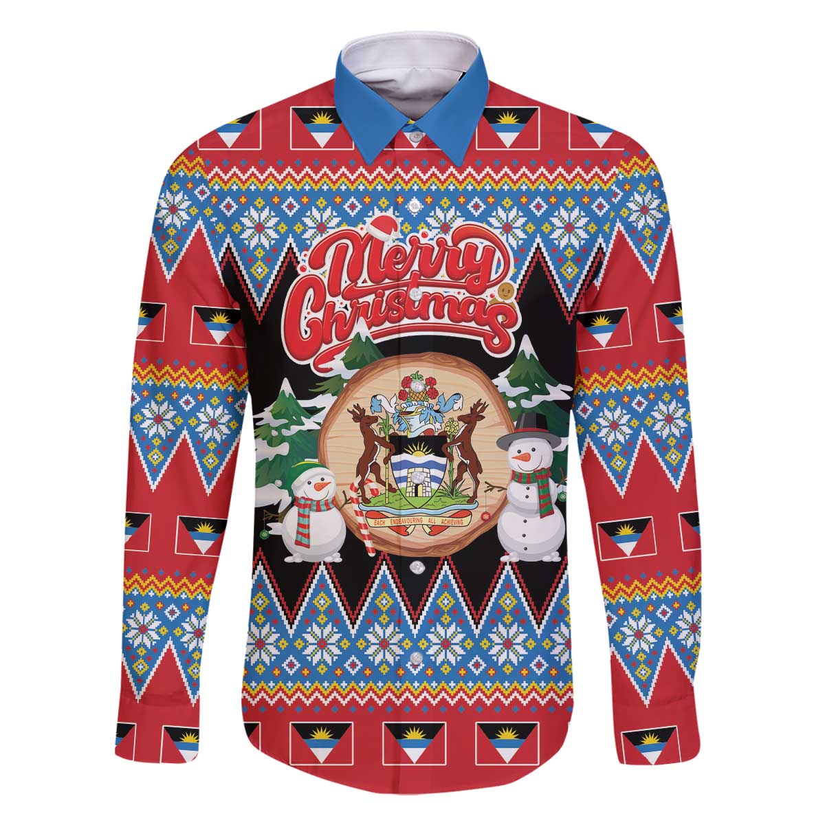 Personalized Antigua and Barbuda Christmas Family Matching Off The Shoulder Long Sleeve Dress and Hawaiian Shirt Coat Of Arms With Snowman - Wonder Print Shop